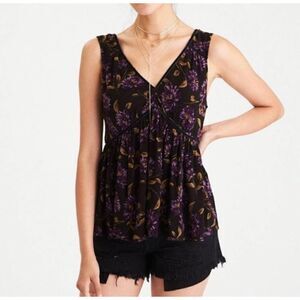 American Eagle Outfitters Purple Black Floral Flowy Tank Top Blouse Size XS